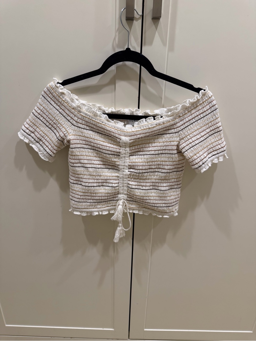 Storia Cream and Brown Striped Off-Shoulder Tie-Front Crop Top